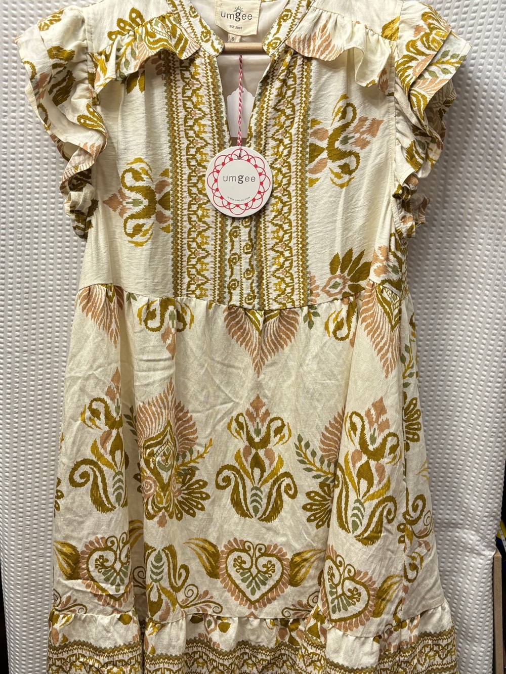 Umgee Cream Floral Ruffle Sleeve Dress with Mustard and Blush Accents